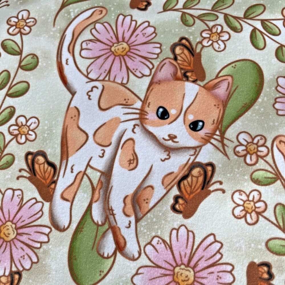 LilacandRose cotton jersey fabric cats, butterflies, pink flowers